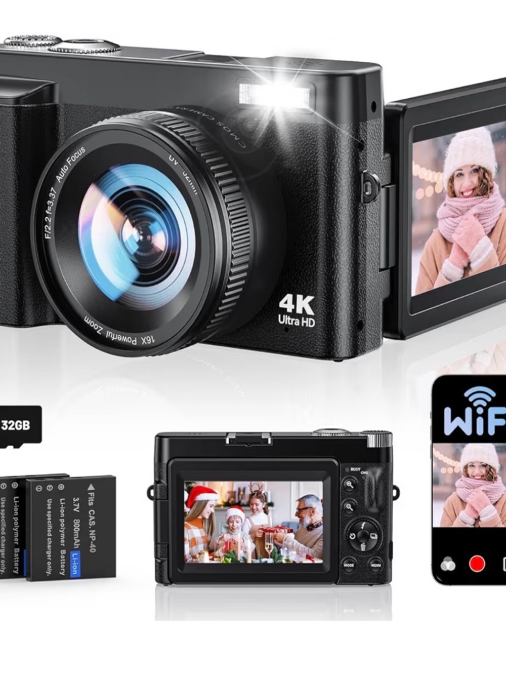 4K Ultra HD Black Digital Camera with Flip LCD and Wi-Fi